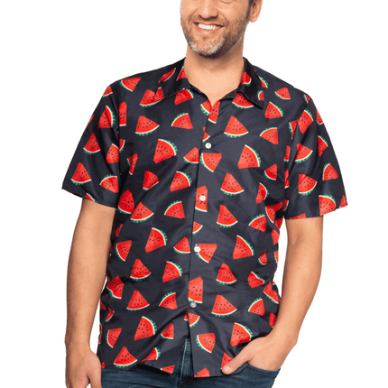 Hawaii Blouse Zwart Rood Meloen van Partychimp koop je bij Partywinkel