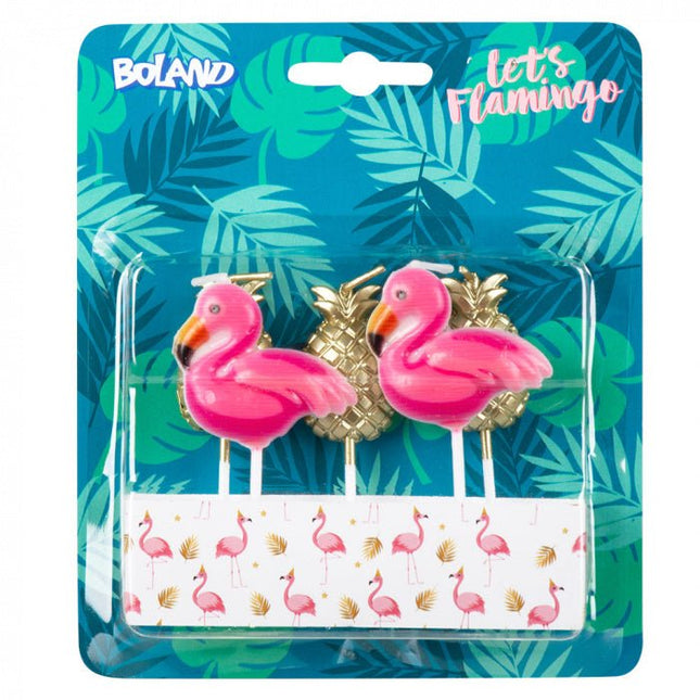 Hawaii Kaarsenset Flamingo 7cm 5 delig van Boland koop je bij Partywinkel