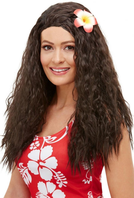Hawaii Pruik Lang Haar Bruin met Bloem Deluxe van Smiffys koop je bij Partywinkel