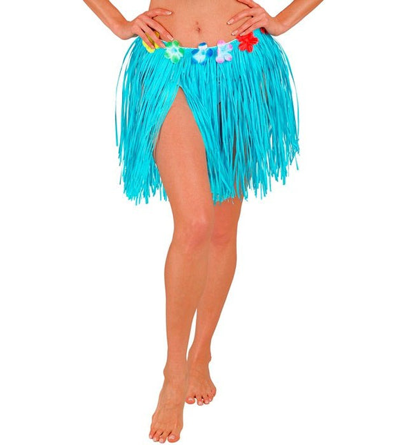 Hawaiirokje Lichtblauw Met Bloemenriem 40cm van Widmann koop je bij Partywinkel