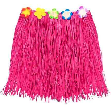 Hawaiirokje Roze Met Bloemenriem 40cm van Widmann koop je bij Partywinkel