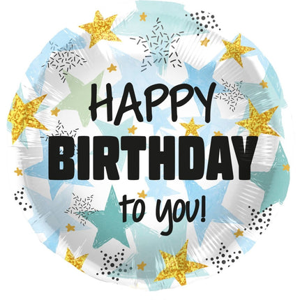Helium Ballon Happy Birthday Sterren Blauw Goud Leeg 45cm van Folat koop je bij Partywinkel