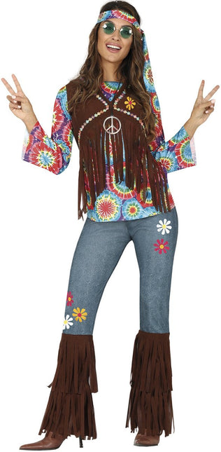 Hippie 60S Kostuum Gekleurd Dames Met Bruin Vest van Fiestas Guirca koop je bij Partywinkel