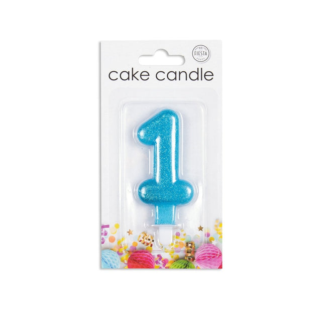 Kaars 1 Jaar Blauwe Glitter 7cm van WeFiesta koop je bij Partywinkel