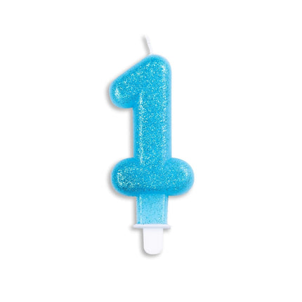 Kaars 1 Jaar Blauwe Glitter 7cm van WeFiesta koop je bij Partywinkel