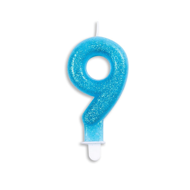 Kaars 9 Jaar Blauwe Glitter 7cm van WeFiesta koop je bij Partywinkel
