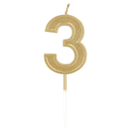 Kaarsje Elegant '3' goud op prikker (3 x 4,2 x 0,7 cm) van Boland koop je bij Partywinkel