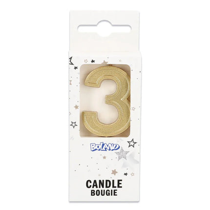 Kaarsje Elegant '3' goud op prikker (3 x 4,2 x 0,7 cm) van Boland koop je bij Partywinkel