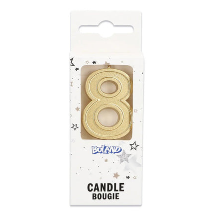 Kaarsje Elegant '8' goud op prikker (3 x 4,2 x 0,7 cm) van Boland koop je bij Partywinkel