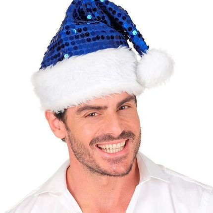 KERSTMAN MUTS PLUCHE EN PAILLETTEN BLAUW van Widmann koop je bij Partywinkel