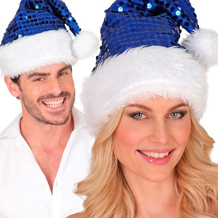 KERSTMAN MUTS PLUCHE EN PAILLETTEN BLAUW van Widmann koop je bij Partywinkel