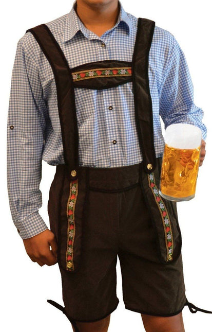 Lederhose Donkerbruin Kort + Blouse Blauw van Partychimp koop je bij Partywinkel