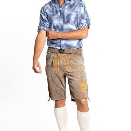 Lederhose Leer Kort Schaduw Oranje en Riem van Tannhauser koop je bij Partywinkel