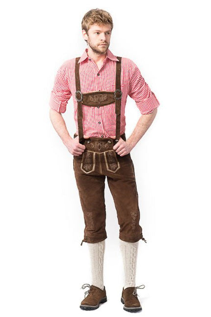 Lederhose Leer Lang Donkerbruin en Bretels van Tannhauser koop je bij Partywinkel