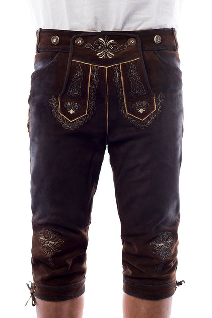 Lederhose Leer Lang Donkerbruin Gestikt en Bretels van Tannhauser koop je bij Partywinkel