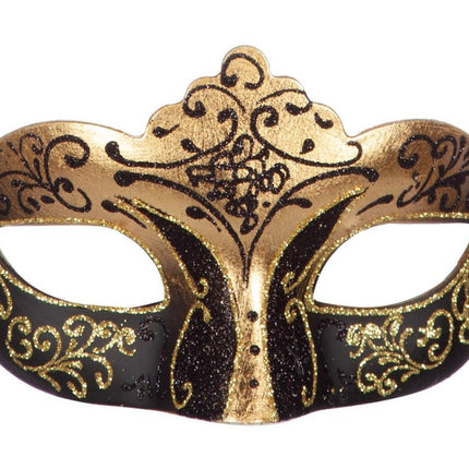 Venetiaans Oogmasker Zwart Goud Glitter van Wilbers & Wilbers koop je bij Partywinkel