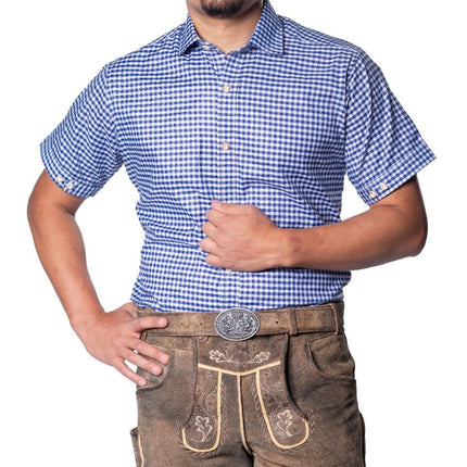 Oktoberfest Blouse Blauw Heren Korte Mouw van Partychimp koop je bij Partywinkel