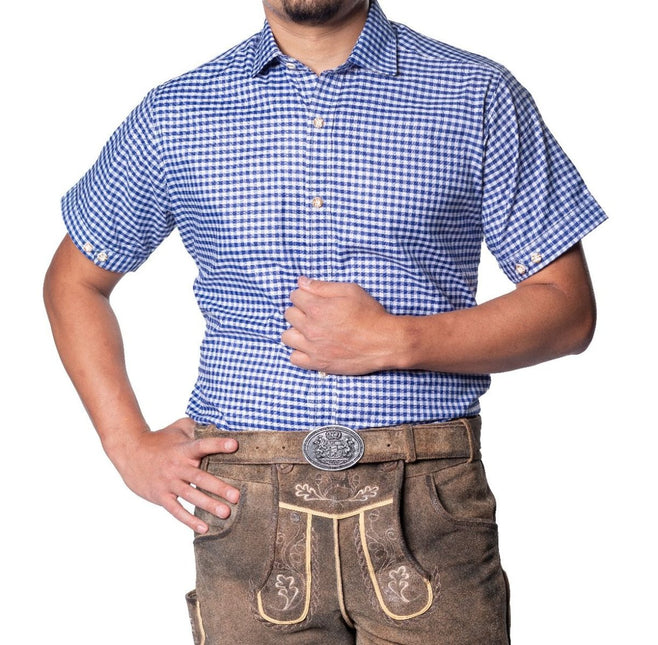 Oktoberfest Blouse Blauw Heren Korte Mouw van Partychimp koop je bij Partywinkel