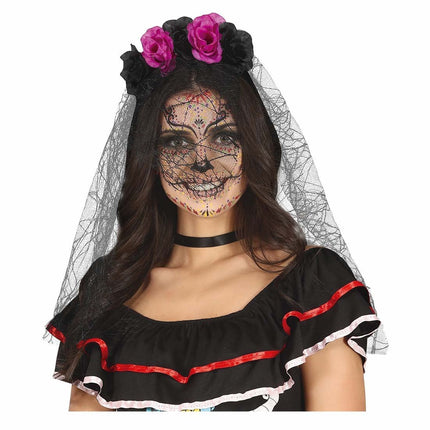 Paars Zwarte Haarband Met Sluier van Fiestas Guirca koop je bij Partywinkel