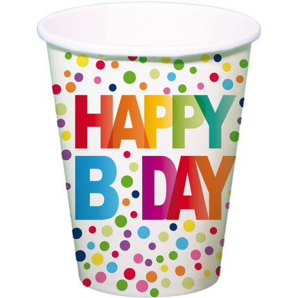 Papieren Bekers - Stippen - "Happy B'day" - 250 ml - 8 stuks van Folat koop je bij Partywinkel