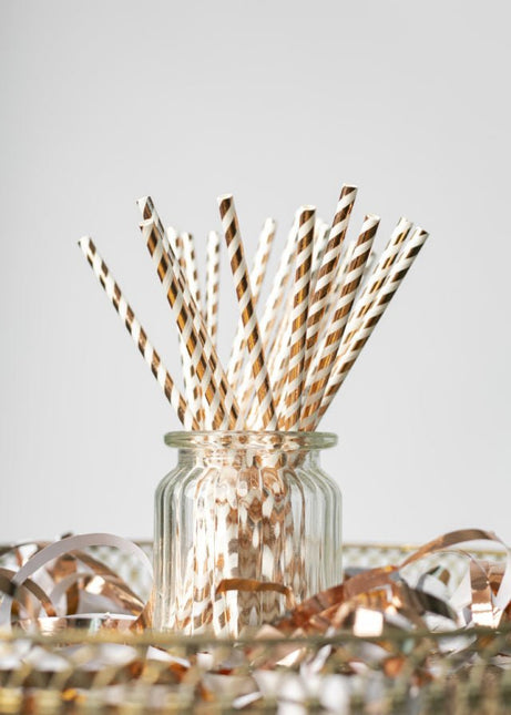 Papieren Rietjes Rose Goud Gestreept 19,7cm 20st van WeFiesta koop je bij Partywinkel