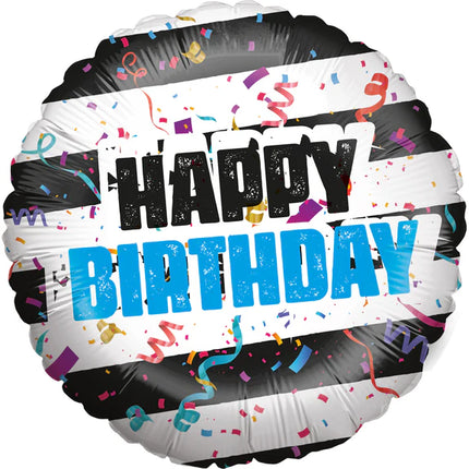 Happy Birthday Helium Ballon Zwart Wit Gestreept Leeg 45cm