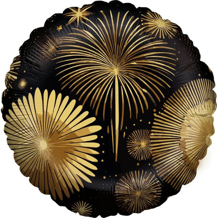 Happy New Year Helium Ballon Zwart Goud Vuurwerk Leeg 45cm