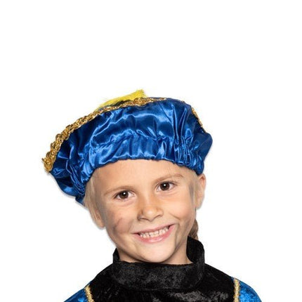 Pietenbaret Satijn Met Veer Blauw van Haza Witbaard koop je bij Partywinkel