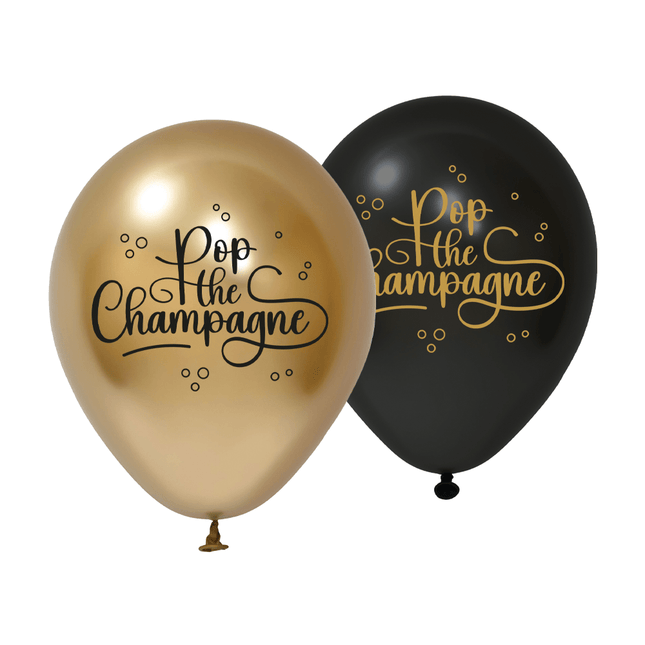 Pop The Champagne Ballonnen Zwart Goud 30cm 8st van WeFiesta koop je bij Partywinkel