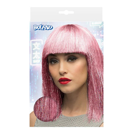 Pruik Crazy roze (zilver tinsel) van Boland koop je bij Partywinkel