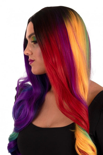 Pruik Selena Lang Met Krullen Regenboog Two Sides van PartyXplosion koop je bij Partywinkel