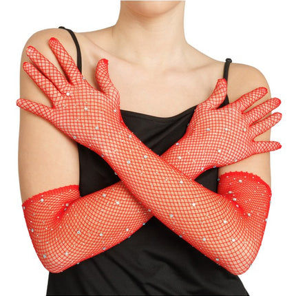 Rode Visnet Handschoenen met Strass 45cm