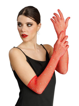 Rode Visnet Handschoenen met Strass 45cm