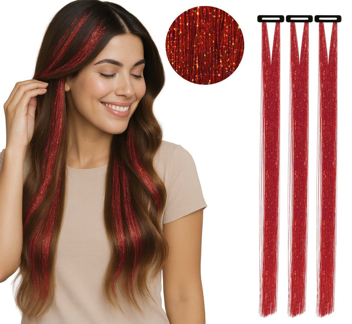 Rood Hair Extension Glitters 50cm 3st van Fiestas Guirca koop je bij Partywinkel