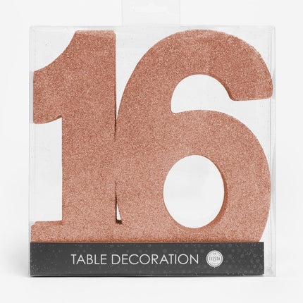 Rose Goud Tafeldecoratie Cijfer 16 Glitter 20,5cm van WeFiesta koop je bij Partywinkel