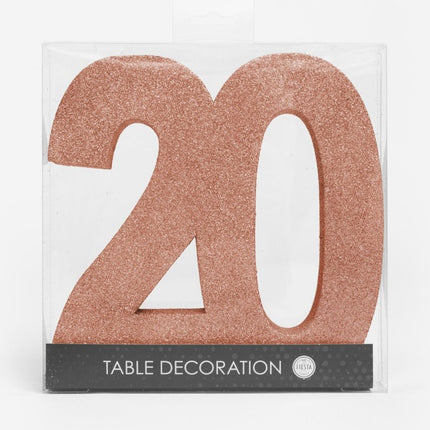 Rose Goud Tafeldecoratie Cijfer 20 Glitter 20,5cm van WeFiesta koop je bij Partywinkel
