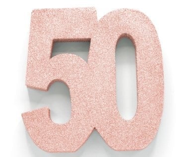 Rose Goud Tafeldecoratie Cijfer 50 Glitter 20,5cm van WeFiesta koop je bij Partywinkel