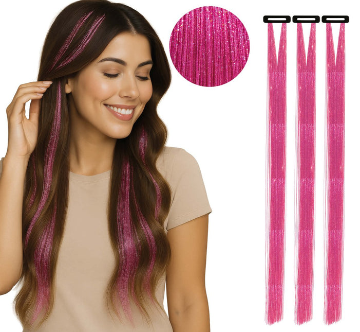 Roze Hair Extension Glitters 50cm 3st van Fiestas Guirca koop je bij Partywinkel