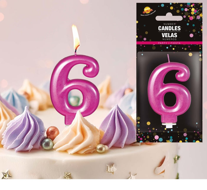 Roze Kaars 6 Jaar Metallic 8cm van Fiestas Guirca koop je bij Partywinkel