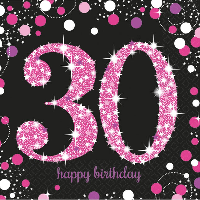 Servetten 30 Jaar Happy Birthday Roze 33cm 16st van Riethmueller koop je bij Partywinkel
