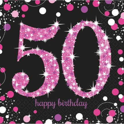 Servetten 50 Jaar Happy Birthday Roze 33cm 16st van Riethmueller koop je bij Partywinkel