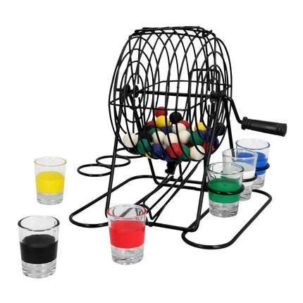 Set drankspel Bingo shots (metalen bingo rad, 48 balletjes, 6 glazen shotglaasjes) van Boland koop je bij Partywinkel