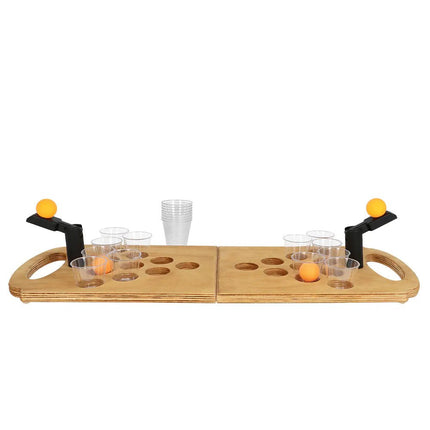 Set drankspel Shot pong (opvouwbaar houten spelbord, 2 shooters, 4 balletjes, 12 shotglaasjes) van Boland koop je bij Partywinkel