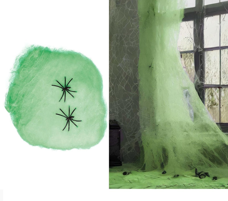 Spinnenweb Groen met 4 Spinnen 60gr van Fiestas Guirca koop je bij Partywinkel