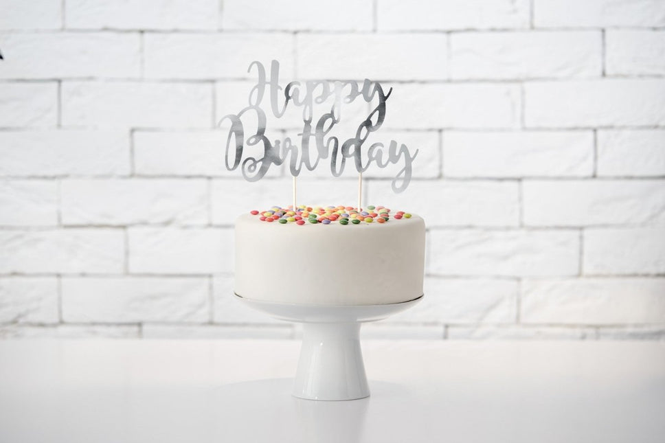 Taarttopper Happy Birthday Zilver 22,5cm van Partydeco koop je bij Partywinkel