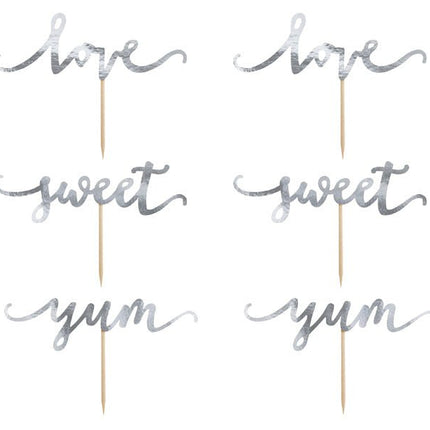 Taarttoppers Love Zilver 13cm 6st van Partydeco koop je bij Partywinkel