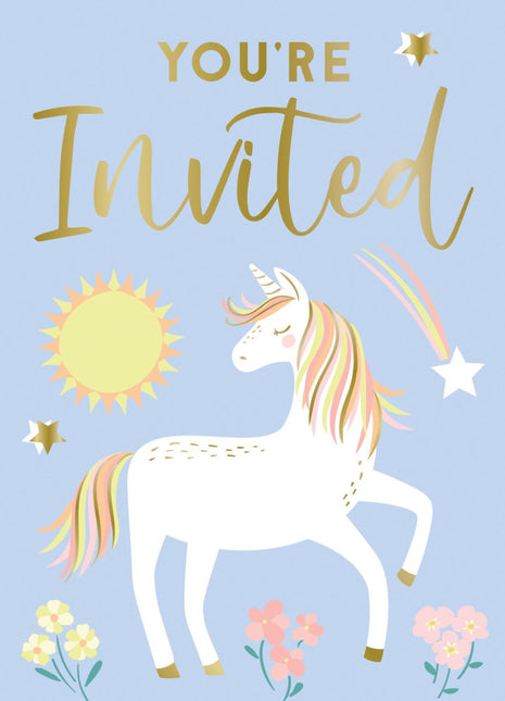 Unicorn Uitnodigingen Blauw/Goud 8st van Unique koop je bij Partywinkel