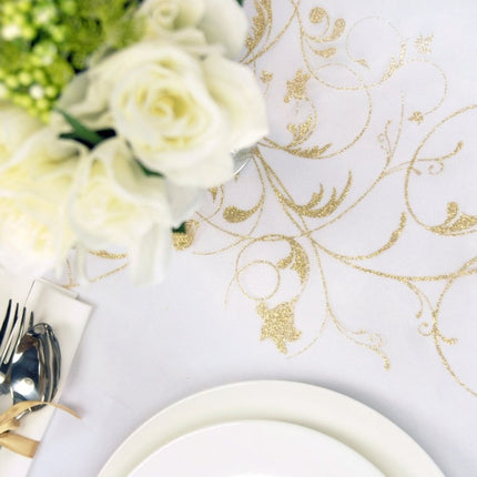 Vanille Creme Organza Stof Gouden Bloemen 36cm 9m van Partydeco koop je bij Partywinkel