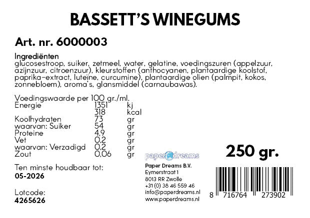 Winegums Snoep Bassett's 250gr van Paper Dreams koop je bij Partywinkel