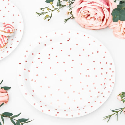Witte Borden Rose Gouden Stippen 18cm 6st van Partydeco koop je bij Partywinkel